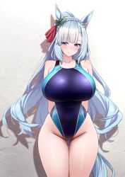 Rule 34 | 1girl, animal ears, arms behind back, blue hair, blue one-piece swimsuit, blue tail, blush, breasts, closed mouth, commentary request, competition swimsuit, herohero (higashi no dou), highleg, highleg one-piece swimsuit, highres, horse ears, horse girl, horse tail, large breasts, long hair, mejiro ardan (umamusume), multicolored swimsuit, one-piece swimsuit, ponytail, purple eyes, skindentation, solo, swimsuit, tail, thigh gap, thighs, umamusume, very long hair