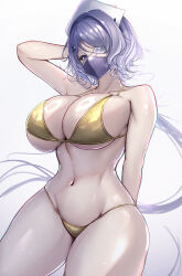 1girl absurdres alternate_costume arknights arm_behind_head arm_up bikini breasts cleavage commentary_request cowboy_shot eyepatch gold_bikini hair_ornament hat highres large_breasts long_hair looking_at_viewer mask mouth_mask navel nurse_cap poni_(poni_arknights) purple_eyes purple_hair purple_mask shiny_skin simple_background solo stomach swimsuit thick_thighs thighs whisperain_(arknights) white_background white_hat x_hair_ornament