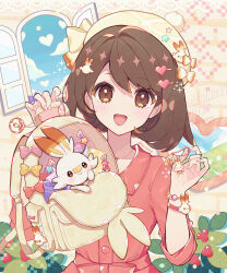 1girl :d backpack bag bow bracelet brown_eyes brown_hair buttons collared_dress commentary_request day dress gen_8_pokemon gloria_(pokemon) hair_ornament hairclip hands_up happy haru_(haruxxe) hat hat_bow highres holding holding_bag indoors jewelry looking_at_viewer necklace nintendo open_mouth pokemon pokemon_(creature) pokemon_swsh scorbunny short_hair smile tam_o&#039;_shanter window yellow_bag yellow_hat