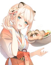1girl :d animal_ear_fluff animal_ears blonde_hair blue_eyes blush commentary_request exiadoon extra_ears eyes_visible_through_hair floating floating_object food from_side hair_ribbon highres hololive japanese_clothes kazama_iroha kimono looking_at_viewer looking_to_the_side open_mouth orange_kimono pokobee pot ribbon short_hair simple_background smile solo tanuki teeth upper_body upper_teeth_only virtual_youtuber white_background
