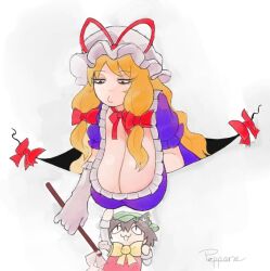 2girls animal_ears black_eyes blonde_hair bow bowtie breasts cat_ears cat_teaser chen cleavage kemonomimi_mode large_breasts long_hair mature_female multiple_girls nyan pepponeppo portal_(object) sleepy touhou yakumo_yukari