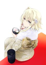 Rule 34 | 1girl, absurdres, blonde hair, chopsticks, cup, cup stack, floral print, food request, from behind, grey eyes, highres, himinglaeva albion, holding, holding chopsticks, holding cup, japanese clothes, kimono, medium hair, print kimono, simple background, sitting, solo, steam, tutorial ga hajimaru mae ni, white background, yellow kimono, yokoyama kouji