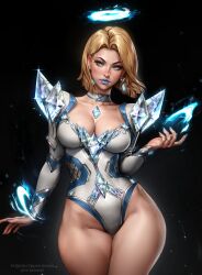1girl absurdres aylisnyan black_background blonde_hair blue_eyes blue_lips blue_nails breasts choker cleavage collarbone corset diamond_(gemstone) diamond_earrings earrings emma_frost halo highres jewelry large_breasts leotard looking_at_viewer marvel marvel_rivals patreon_username short_hair solo superhero_costume thick_thighs thighs twitter_username white_choker white_corset
