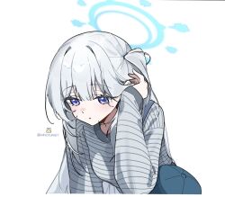 1girl adjusting_hair alternate_costume blue_archive blue_eyes blue_halo dandandanholo grey_hair halo horizontal-striped_clothes long_sleeves miyako_(blue_archive) pinstripe_pattern pinstripe_shirt shirt simple_background solo striped_clothes twitter_username white_background