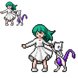 1girl aged_down ambertwo_(pokemon) artist_request child dress full_body gen_1_pokemon green_hair holding_hands kereichi legendary_pokemon lowres mewtwo nintendo parody pixel_art pokemon pokemon:_the_first_movie_-_mewtwo_strikes_back pokemon_(anime) pokemon_(classic_anime) pokemon_(creature) style_parody tail transparent_background white_dress zoom_layer