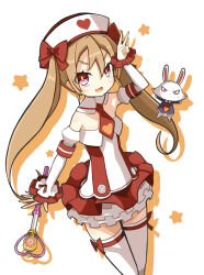 1girl bow brown_hair collar detached_collar detached_sleeves dress fang frilled_dress frilled_sleeves frills hair_between_eyes hand_up hat heart heart_print highres light_blush long_hair looking_at_viewer majo_to_hyakkihei necktie nurse_cap open_mouth rabbit red_bow red_dress red_eyes red_necktie simple_background skin_fang smile solo star_(symbol) suaman thighhighs twintails two-tone_dress v wand white_background white_collar white_dress white_thighhighs