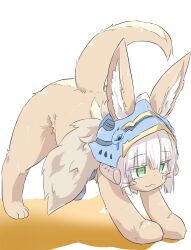 all_fours animal_ear_fluff animal_ears animal_hands body_fur brown_fur ears_through_headwear from_side fur-trimmed_headwear fur_trim furry furry_female green_eyes helmet jack-o&#039;_challenge made_in_abyss nanachi_(made_in_abyss) saezuru_usagi shadow simple_background solo tail_raised top-down_bottom-up whiskers white_background white_hair
