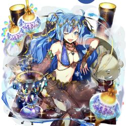 Rule 34 | 1girl, arabian clothes, blue eyes, blue hair, breasts, brown gloves, circlet, fingerless gloves, gloves, hookah, large breasts, long hair, nail polish, navel, open mouth, poseidon (uchihime), rowe, side ponytail, teeth, uchi no hime-sama ga ichiban kawaii