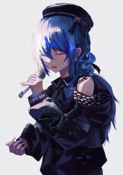 Rule 34 | 1girl, absurdres, beret, black bow, black hat, black jacket, black ribbon, black shirt, blue hair, bow, collared shirt, commentary request, dot nose, earrings, hair between eyes, hat, hat ornament, hat ribbon, highres, holding, holding microphone, hololive, hoshimachi suisei, jacket, jewelry, long hair, long sleeves, lui n24, microphone, neck ribbon, one eye closed, open clothes, open jacket, open mouth, partially unzipped, ribbon, shirt, simple background, single bare shoulder, sleeve bow, solo, star (symbol), star hat ornament, upper body, virtual youtuber, white background