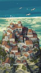 absurdres architecture bird building city cityscape day european_architecture field foliage franrekk grass highres house no_humans ocean original outdoors pixel_art plant rock scenery tree water