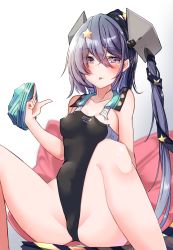 1girl aqua_hat black_one-piece_swimsuit black_ribbon breasts cameltoe competition_swimsuit feet_out_of_frame garrison_cap gradient_background grey_eyes grey_hair hair_ornament hair_ribbon hat highleg highleg_one-piece_swimsuit highres kantai_collection komb long_hair looking_at_viewer one-piece_swimsuit pillow ribbon scamp_(kancolle) side_ponytail sitting small_breasts solo spread_legs star_(symbol) star_hair_ornament swimsuit tongue tongue_out torn_clothes torn_swimsuit unworn_hat unworn_headwear white_background
