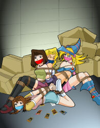 4girls back-to-back bdsm blonde_hair brown_hair dark_magician dark_magician_girl gag gagged gagged_female gambit-2099 hogtie improvised_gag kawai_shizuka kidnapped kujaku_mai long_hair lying mazaki_anzu multiple_girls on_floor on_stomach restrained rope short_hair sitting socks tied_up_(nonsexual)