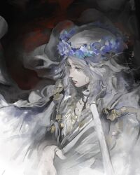 1girl absurdres blue_eyes closed_mouth doll_joints dress elden_ring elden_ring_nightreign flower flower_wreath head_wreath highres jewelry joints kanji_(nievart) long_hair revenant_(elden_ring) solo upper_body veil wavy_hair white_dress white_hair