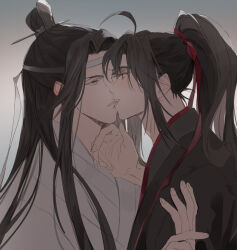 Rule 34 | 2boys, ahoge, bishounen, biting, biting another&#039;s lip, black eyes, black hair, black hanfu, blush, chinese clothes, couple, eunram, gradient background, grey background, hair ribbon, hand on another&#039;s chin, hanfu, headband, high ponytail, holding another&#039;s wrist, kiss, kiss day, lan wangji, long hair, long sleeves, looking at another, male focus, modao zushi, multiple boys, parted lips, ponytail, profile, red ribbon, ribbon, robe, sidelocks, simple background, topknot, upper body, wei wuxian, white hanfu, white headband, wide sleeves, xiao guan (headdress), yaoi, yellow eyes
