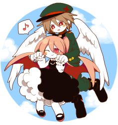 1boy 1girl black_dress black_footwear blush bright_pupils brown_hair carrying carrying_person closed_mouth cloud colored_skin dress flying frilled_dress frilled_sleeves frills funamusea funamusea_(artist) genderswap genderswap_(ftm) green_hat green_jacket green_pants haiiro_teien hair_between_eyes hair_wings hat head_wings holding_hands jacket jaggy_lines looking_at_another macarona_(funamusea) musical_note one_eye_closed open_mouth pants petite pink_eyes pink_hair pixel_art rawberry_preserves red_eyes sky smile spoken_musical_note white_pupils white_skin white_sleeves wings