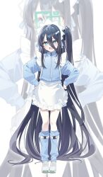 1girl absurdly_long_hair absurdres apron aqua_halo aris_(blue_archive) badge bandaid bandaid_on_hair black_hair blue_archive blue_bow blue_eyes blue_jacket blue_socks bow button_badge eliteneet frills full_body hair_between_eyes halo hands_on_own_hips heart high_ponytail highres jacket jersey_maid kneehighs long_hair long_sleeves looking_at_viewer loose_socks maid maid_apron maid_headdress open_mouth ponytail rectangular_halo shoes side_ponytail signature sleeves_past_wrists sneakers socks solo standing tenshi_kaiwai track_jacket unconventional_maid very_long_hair waist_apron white_apron white_shoes zoom_layer