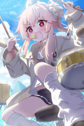 1girl asymmetrical_hair black_skirt blue_archive bright_pupils drumsticks food grey_jacket hair_bun halo highres holding holding_drumsticks jacket kneehighs long_sleeves loose_socks mikumiku37 miniskirt natsu_(band)_(blue_archive) natsu_(blue_archive) official_alternate_costume open_mouth pink_hair pleated_skirt red_eyes shirt single_side_bun skirt socks solo white_halo white_pupils white_shirt white_socks wide_sleeves
