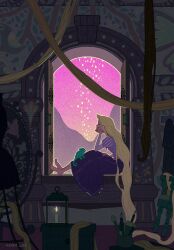 1girl artist_name barefoot blonde_hair candle dress full_body head_on_hand helen_jee highres iguana juliet_sleeves lantern long_dress long_hair long_sleeves open_window paintbrush paper_lantern parted_bangs pascal_(tangled) puffy_sleeves purple_dress rapunzel_(disney) sky_lantern tangled very_long_hair window