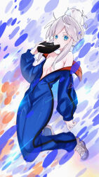 Rule 34 | 1girl, abstract background, absurdres, blue eyes, colored eyelashes, commentary, convenient censoring, deux murasame, full body, gundam, gundam gquuuuuux, hair censor, highres, holding, holding mask, long hair, mask, mecha pilot suit, mouth mask, niharai, solo, unworn mask, updo, white eyelashes, white hair