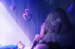 2girls absurdres against_wall apple black_choker black_dress black_skirt black_socks blonde_hair blue_socks bulletin_board capelet chain chain_necklace choker closed_mouth commentary_request crying crying_with_eyes_open dress feet_out_of_frame fingernails food fruit grey_capelet hair_between_eyes hair_ornament hand_on_another&#039;s_shoulder heart heart_necklace hibioes highres holding holding_food holding_fruit hoshino_ichika_(project_sekai) indoors jewelry kneehighs knees long_hair long_sleeves miniskirt multiple_girls necklace photo_(object) pinafore_dress pleated_skirt project_sekai purple_eyes purple_hair red_eyes sad sad_smile see-through_clothes see-through_shirt sharing shirt short_dress side_ponytail sidelocks silk sitting sitting_on_lap sitting_on_person skirt sleeveless sleeveless_dress smile socks spaghetti_strap spider_web star_(symbol) star_hair_ornament straight_hair streaming_tears striped_clothes striped_socks stuffed_animal stuffed_penguin stuffed_toy suitcase tears tenma_saki thigh_strap two-tone_socks white_shirt wooden_wall yuri