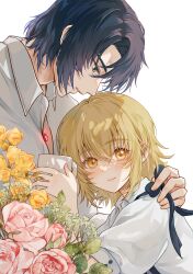 Rule 34 | 1boy, 1girl, absurdres, amu mmy, athrun zala, blonde hair, blue hair, blush, cagalli yula athha, cup, flower, green eyes, gundam, gundam seed, highres, holding, holding cup, jewelry, looking at another, looking at viewer, necklace, profile, shirt, short hair, simple background, smile, upper body, white background, white shirt, yellow eyes