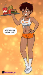 1girl black_panties blush bracelet brand_name_imitation breasts brown_eyes brown_hair bubble_background burger cleavage clothes_writing collarbone covered_erect_nipples cup dakunart drinking_straw earrings food french_fries grin hand_on_own_hip highleg highleg_panties holding holding_tray hooters jewelry looking_at_viewer midriff navel navel_piercing orange_background orange_shorts original panties piercing shirt shoes short_hair shorts small_breasts smile sneakers socks speech_bubble standing tank_top teeth tied_shirt tomboy tray underwear waitress white_shirt white_shoes white_socks xiomara_(dakunart)