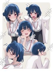 Rule 34 | 1girl, aged up, alternate hairstyle, angry, bespectacled, black skirt, blue hair, blunt bangs, blunt ends, blush, brown background, closed eyes, commentary request, fang, glasses, highres, lab coat, lanyard, leaning forward, looking at viewer, love live!, love live! sunshine!!, medium hair, multiple views, open mouth, pink eyes, pouring, romaji text, shirt, skirt, smile, sparkle, sumireneko1231, teacher, test tube, translation request, tsushima yoshiko, white background, white shirt