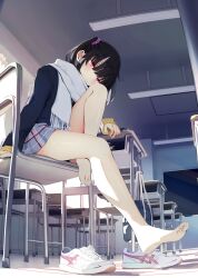 1girl against_desk bare_legs bare_legs_girl_(kamizaki_hibana) barefoot black_hair chair classroom desk grey_skirt kamizaki_hibana looking_at_viewer miniskirt no_socks original plaid_clothes plaid_skirt pleated_skirt purple_scrunchie scarf school_chair school_desk school_uniform scrunchie short_twintails skirt solo sweater twintails white_scarf white_sneakers yellow_sweater