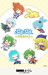 2boys 5girls :o ^_^ arle_nadja armor armored_boots asymmetrical_legwear black_pants blonde_hair blue_cape blue_dress blue_footwear blue_gloves blue_hair blue_hat blue_headband blue_pants blue_pantyhose blue_shirt blue_skirt blunt_bangs blush_stickers boots breastplate broom brown_bag bug bun_cover cape capelet carbuncle_(puyopuyo) chibi china_dress chinese_clothes closed_eyes closed_mouth colored_skin copyright_name copyright_notice creature crossed_arms detached_sleeves dmm_scratch draco_centauros draco_centauros_(charmy) dragon_girl dragon_horns dragon_tail dress drooling elbow_gloves fang fingerless_gloves frown full_body gloves green_cape green_hair green_skirt half_updo hat headband high_ponytail highres holding holding_broom horns insect insect_on_head ladybug logo long_hair long_sleeves mismatched_legwear mismatched_skin mouth_drool multiple_boys multiple_girls official_art open_mouth orange_hair pants pantyhose pink_dress pink_shoes pleated_skirt pointy_ears ponytail purple_footwear puyopuyo rafisol_(puyopuyo) red_cape red_dress red_footwear red_skin schezo_wegey shirt shoes short_hair short_sleeves shoulder_armor sig_(puyopuyo) skirt sleeping sleeveless sleeveless_dress star_(symbol) star_in_mouth striped_clothes striped_pantyhose tail two-sided_cape two-sided_fabric u_u white_capelet white_gloves white_shirt white_sleeves witch_(puyopuyo) yellow_pantyhose