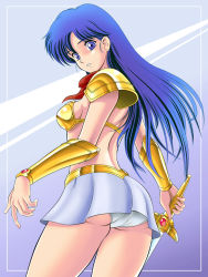 1980s_(style) 1990s_(style) 1girl armor asou_yuuko ass bare_back belt bikini_armor blue_hair boots breasts female_focus from_below game long_hair looking_at_viewer looking_back microskirt midriff miniskirt mugen_senshi_valis neckerchief oldschool panties pantyshot retro_artstyle shoulder_pads sideboob simple_background skirt solo sword tamanegiinyo telenet_japan underwear valis valis_sword weapon