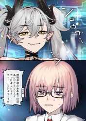 2girls bare_shoulders body_markings demon_girl demon_horns fate/grand_order fate_(series) glasses green_eyes grey_hair hair_over_one_eye highres horns lilith_(fate) lilith_(second_ascension)_(fate) long_hair mash_kyrielight mitsurugi_sugar multiple_girls pink_hair pointy_ears purple_eyes short_hair smile twintails