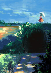 Rule 34 | 1girl, arch, blue sky, brick, brick wall, commentary request, grass, green hair, highres, holding, holding umbrella, kazami yuuka, kinosaki, nature, outdoors, overgrown, path, plant, red skirt, red vest, road, scenery, shirt, skirt, sky, solo, touhou, tunnel, umbrella, vest, vines, white shirt