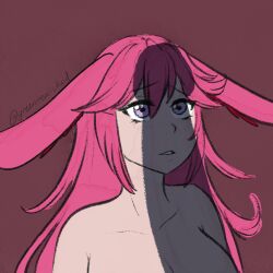 1girl animal_ears breasts collarbone genshin_impact greentealickuid honkai_(series) large_breasts large_penis long_hair looking_up nude penis penis_shadow pink_hair purple_eyes shadow upper_body worried yae_miko yae_sakura