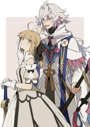 1boy 1girl absurdres ahoge artoria_pendragon_(fate) bare_shoulders black_bow black_shirt blonde_hair border bow breasts caliburn_(fate) collar commentary_request cowboy_shot detached_sleeves dress fate/grand_order fate_(series) flower frilled_robe from_behind gloves green_eyes grey_dress grey_sleeves hair_between_eyes hair_bow hands_on_hilt highres holding holding_staff hood hood_down long_hair long_sleeves looking_at_another looking_back merlin_(fate) off-shoulder_dress off_shoulder open_mouth petals ponytail purple_eyes robe saber_lily scratching_head shirt sidelocks simple_background small_breasts staff strapless strapless_dress sweat sword teeth turtleneck turtleneck_shirt upper_teeth_only very_long_hair weapon white_border white_collar white_gloves white_hair white_robe wide_sleeves zhibuji_loom