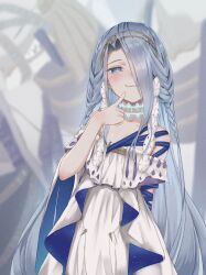 1girl absurdres bare_shoulders blue_eyes blue_hair blue_ribbon blush braid breasts closed_mouth dress fate/grand_order fate_(series) hair_over_one_eye hairband highres long_hair looking_at_viewer lucky_ckm ribbon small_breasts smile solo typhon_ephemeros_(fate) typhon_epsilon_(fate) very_long_hair white_dress