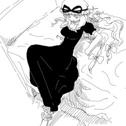 Rule 34 | 1girl, bed, bed sheet, breasts, cleavage, dress, elbow gloves, expressionless, from above, gloves, hair ribbon, hat, knee up, large breasts, long hair, lying, mob cap, monochrome, on bed, ribbon, short sleeves, socks, solo, touhou, uzou (uzooooooooo), very long hair, white gloves, white socks, yakumo yukari