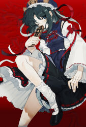 1girl black_shoes black_skirt blue_eyes blue_hat blue_vest bow chinese_clothes closed_mouth commentary expressionless foot_out_of_frame footwear_bow frilled_hat frilled_skirt frills green_hair hat highres holding long_sleeves looking_at_viewer mary_janes medium_hair one_eye_closed parted_bangs red_background red_bow ribbon-trimmed_skirt ribbon-trimmed_sleeves ribbon_trim rod_of_remorse shiki_eiki shirt shoes skirt sleeve_bow socks solo stardustreverle symbol-only_commentary tangzhuang touhou vest white_shirt white_socks