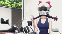 10s 1girl animated animated_gif ass bakuon!! black_hair braid breasts car_wash cleavage helmet hose kawasaki_raimu lowres motor_vehicle motorcycle one-piece_swimsuit reflection swimsuit twin_braids washing