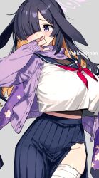 Rule 34 | 1girl, animal ears, bandaged leg, bandages, black hair, blue archive, blue eyes, blue skirt, blush, breasts, cardigan, commentary request, covering own mouth, crop top, crop top overhang, fishnet top, fishnets, floral print scarf, grey background, hair over one eye, halo, highres, large breasts, long hair, long sleeves, lop rabbit ears, pink halo, pleated skirt, purple cardigan, purple scarf, rabbit ears, scarf, shigatsu shizuki, shirt, side slit, simple background, skirt, solo, thighs, tsukuyo (blue archive), white shirt
