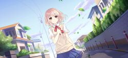 1girl blue_skirt blue_sky braid brown_cardigan bush cardigan cardigan_vest cloud collared_shirt crown_braid date_a_live date_a_live:_rinne_utopia date_a_live:_spirit_pledge dutch_angle game_cg house leaf neck_ribbon official_art pink_hair pleated_skirt raizen_high_school_uniform red_ribbon ribbon school_uniform shirt short_hair short_sleeves skirt sky smile solo sonogami_rinne third-party_source white_shirt