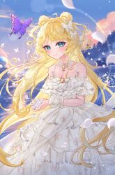 1girl blonde_hair blue_eyes blue_sky blush breasts bug butterfly butterfly_hair_ornament check_copyright cleavage closed_mouth commentary_request copyright_request dress gem hair_ornament highres holding holding_petal indie_virtual_youtuber insect jewelry long_hair looking_at_viewer medium_breasts minausa necklace outdoors pearl_necklace petals purple_butterfly sky smile solo symbol-shaped_pupils very_long_hair virtual_youtuber wedding_dress white_dress white_gemstone white_wrist_cuffs wrist_cuffs