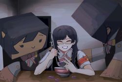 1girl 2others ^_^ absurdres ambiguous_gender armband asymmetrical_hair bad_food black_hair black_vest blank_room_soup blunt_bangs bowl box braid cardboard_box cardboard_cutout character_print closed_eyes collared_shirt eating elbows_on_table facing_viewer food food_on_face grin highres holding holding_ladle indoors ladle love_live! love_live!_nijigasaki_high_school_idol_club medium_hair mocaccc multiple_others nail_polish nakagawa_nana neck_ribbon parody red_nails ribbon school_uniform shirt side_braid single_braid sitting smile soup surreal swept_bangs table upper_body v vest white_shirt yuki_setsuna yuki_setsuna_(love_live!)