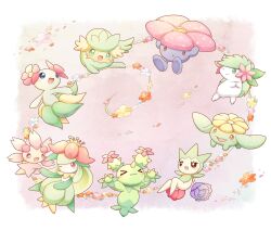 akuasu bellossom blue_skin blush cherrim cherrim_(sunshine) claws closed_eyes colored_skin comfey crown flower gen_1_pokemon gen_2_pokemon gen_4_pokemon gen_5_pokemon gen_7_pokemon green_eyes green_hair green_skin highres holding_hands legendary_pokemon lilligant maractus mythical_pokemon nintendo no_humans pink_eyes pokemon pokemon_(creature) shaymin shaymin_(land) skiploom smile spikes vileplume white_skin yellow_skin