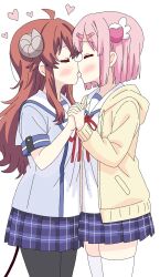 Rule 34 | 2girls, ahoge, black pantyhose, blue shirt, blush, cardigan, chiyoda momo, closed eyes, demon tail, french kiss, heart, highres, holding hands, interlocked fingers, kiss, len 0428, long hair, machikado mazoku, multiple girls, neck ribbon, pantyhose, pink hair, plaid clothes, plaid skirt, pleated skirt, purple skirt, red hair, red ribbon, ribbon, shirt, short sleeves, simple background, skirt, tail, thighhighs, tongue, tongue out, white background, white thighhighs, yellow cardigan, yoshida yuuko (machikado mazoku), yuri