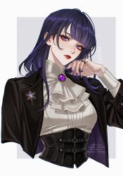 1girl alternate_costume artist_name blunt_bangs braid closed_mouth collared_shirt commentary english_commentary eyeliner genshin_impact hand_up head_tilt highres jacket jewelry long_braid long_hair long_sleeves looking_at_viewer makeup mitsudomoe_(shape) multicolored_hair multiple_rings no_mole open_clothes open_jacket purple_hair purple_nails raiden_shogun red_eyeliner red_lips ring shirt shouhin_kato single_braid solo streaked_hair thick_lips tomoe_(symbol)