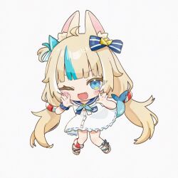 1girl animal_ears blonde_hair blue_hair cat_ears chibi dress fins fish_girl fish_tail highres indie_virtual_youtuber long_hair low_twintails one_eye_closed r_m_n_ooo sameko_saba sandals sleeveless sleeveless_dress smile solo tail twintails very_long_hair virtual_youtuber white_background white_dress