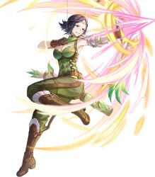 1girl angry argyle_clothes arm_guards attack black_eyes black_hair boots bow_(weapon) breasts brown_boots brown_gloves circlet cleavage cleavage_cutout clenched_teeth clothing_cutout drawing_bow energy feather_hair_ornament feathers female_focus fire_emblem fire_emblem_awakening fire_emblem_heroes gloves hair_ornament highres holding holding_bow_(weapon) holding_weapon matching_hair/eyes medium_breasts nintendo noire_(fire_emblem) non-web_source official_art parted_lips personality_switch quiver short_hair single_arm_guard solo standing standing_on_one_leg teeth v-shaped_eyebrows weapon