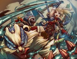 1girl 2others armor blush breasts canyne cat dog fangs felyne gloves hair_between_eyes headband japanese_clothes kamura_(armor) kanrinin_(gyfp4747) long_hair looking_at_viewer monster_hunter_(series) monster_hunter_rise multiple_others ponytail riding short_hair simple_background sword thighhighs weapon weapon_on_back white_hair wolf