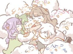 ._. 4girls :3 ahoge animal_ears animalization anyoji_hime biting bob_cut braid brown_hair brown_sweater cat_ears center-flap_bangs biting_cheek cheek_pull closed_eyes commentary_request crossed_bangs diagonal_bangs dog_ears dog_tail dress fang flower fujishima_megumi green_dress green_hair grey_hair group_hug hair_bun hair_flower hair_ornament hairclip hand_on_another&#039;s_ear hinoshita_kaho hug inverted_bob kachimachi_kosuzu kemonomimi_mode korean_commentary link!_like!_love_live! long_hair long_sleeves love_live! low_twintails momose_ginko multicolored_hair multiple_girls murano_sayaka ogami_sachi osawa_rurino otomune_kozue parted_bangs pinafore_dress pink_flower potatori9 purple_hair red_flower red_hair sheep short_hair side_braids side_ponytail sidelocks single_side_bun sleeveless sleeveless_dress streaked_hair sweater swept_bangs tail twintails two_side_up v-shaped_eyebrows virtual_youtuber white_sweater yugiri_tsuzuri