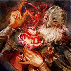 Rule 34 | 1boy, black background, black cloak, black shirt, cloak, cup, elden ring, elden ring: shadow of the erdtree, food, fruit, hand up, hands up, helmet, highres, holding, holding food, long sleeves, male focus, nightmaresyrup, pudding, shirt, sir ansbach, solo, strawberry